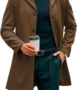 Mens Mid Long Trench Coat Slim Fit Winter Pea Coat Single Breasted Business Overcoat