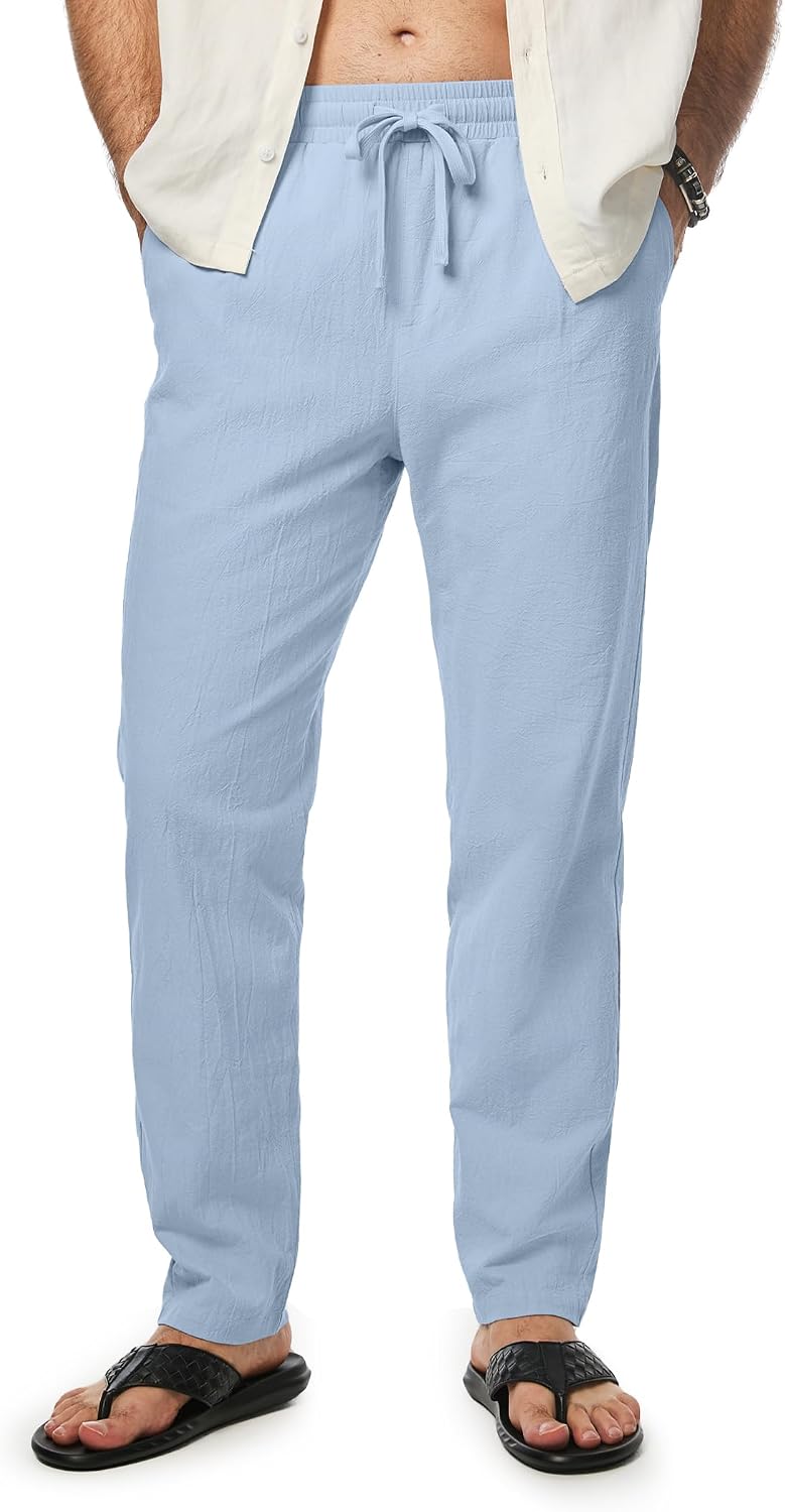 Mens Cotton Pants Casual Elastic Waist Drawstring Lightweight Summer Beach Trousers with Pockets