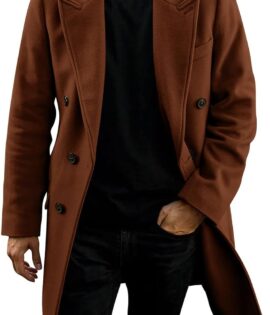 Mens Trench Coat Mid Long Double Breasted Slim Fit Peacoat Notched Lapel Winter Business Overcoat