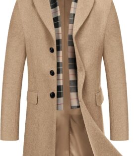 Men's Wool Blend Coat with Detachable Plaid Scarfs Notched Collar Single Breasted Pea Coat Trench Overcoat