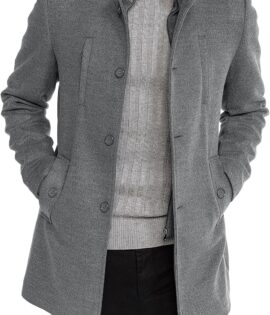 Mens Trench Coat Long Sleeve Stand Collar Single Breasted Pea Coat Casual Mid Long Slim Fit Overcoat with Pockets