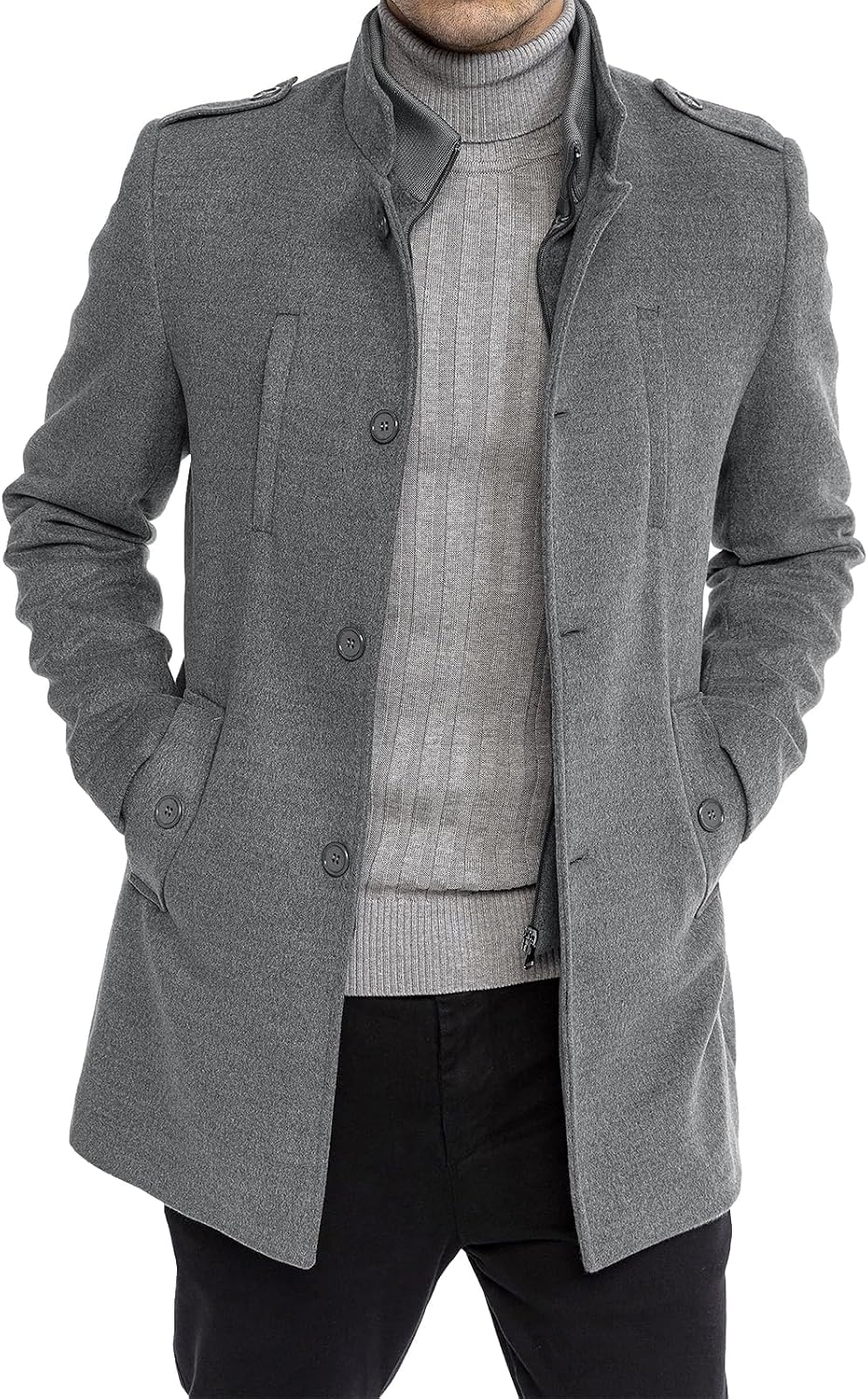 Mens Trench Coat Long Sleeve Stand Collar Single Breasted Pea Coat Casual Mid Long Slim Fit Overcoat with Pockets